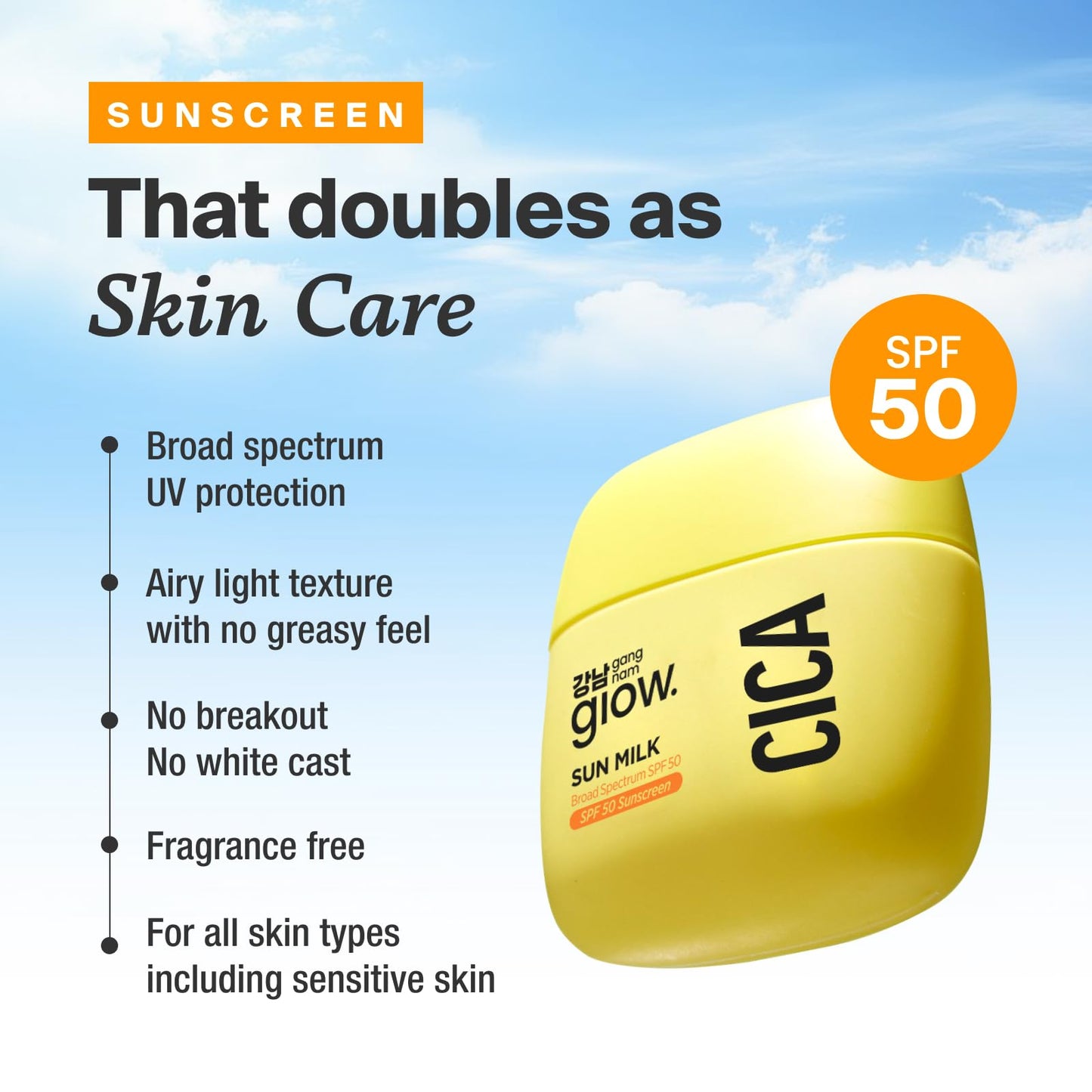 GANGNAM glow CICA SUN MILK, Moisturizer with SPF 50, Invisible Broad Spectrum Sunscreen for Face, No White Cast, Sun Protection with Cica and Niacinamide, Glow Natural Korean Sunscreen 1.69 fl.oz