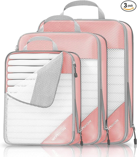 Compression Packing Cubes 3 Set, Compressible Space-Saving Packing Cubes for Travel - Compression Bags, Luggage Organizer, Travel Essentials for Women, Pink