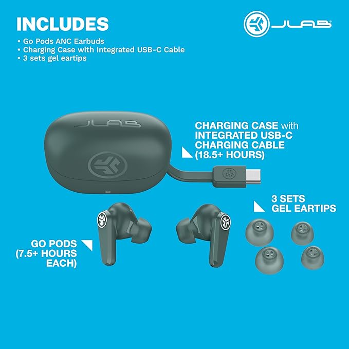 JLab Go Pods ANC True Wireless Bluetooth Earbuds & Charging Case, Hybrid Active Noise canceling + Be Aware for Safe Listening, 26+ Hours Total Playtime, Clear Calls, Custom Sound via App, Sage