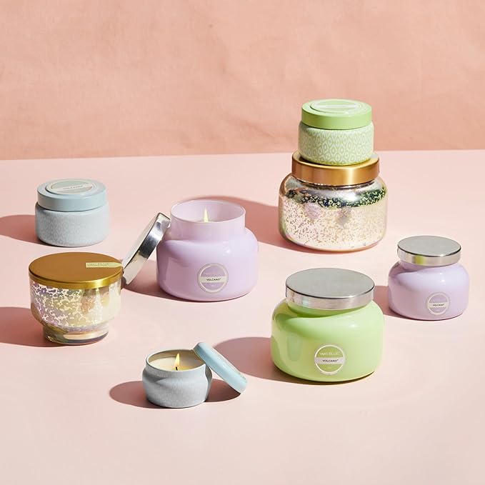 Capri Blue Volcano Scented Candles - Printed Travel Tin - Blended Soy Candles for Home Scented with Tropical Fruits & Sugared Citrus - Spring Home Decor (Iced Matcha Green Color, 8.5 oz)