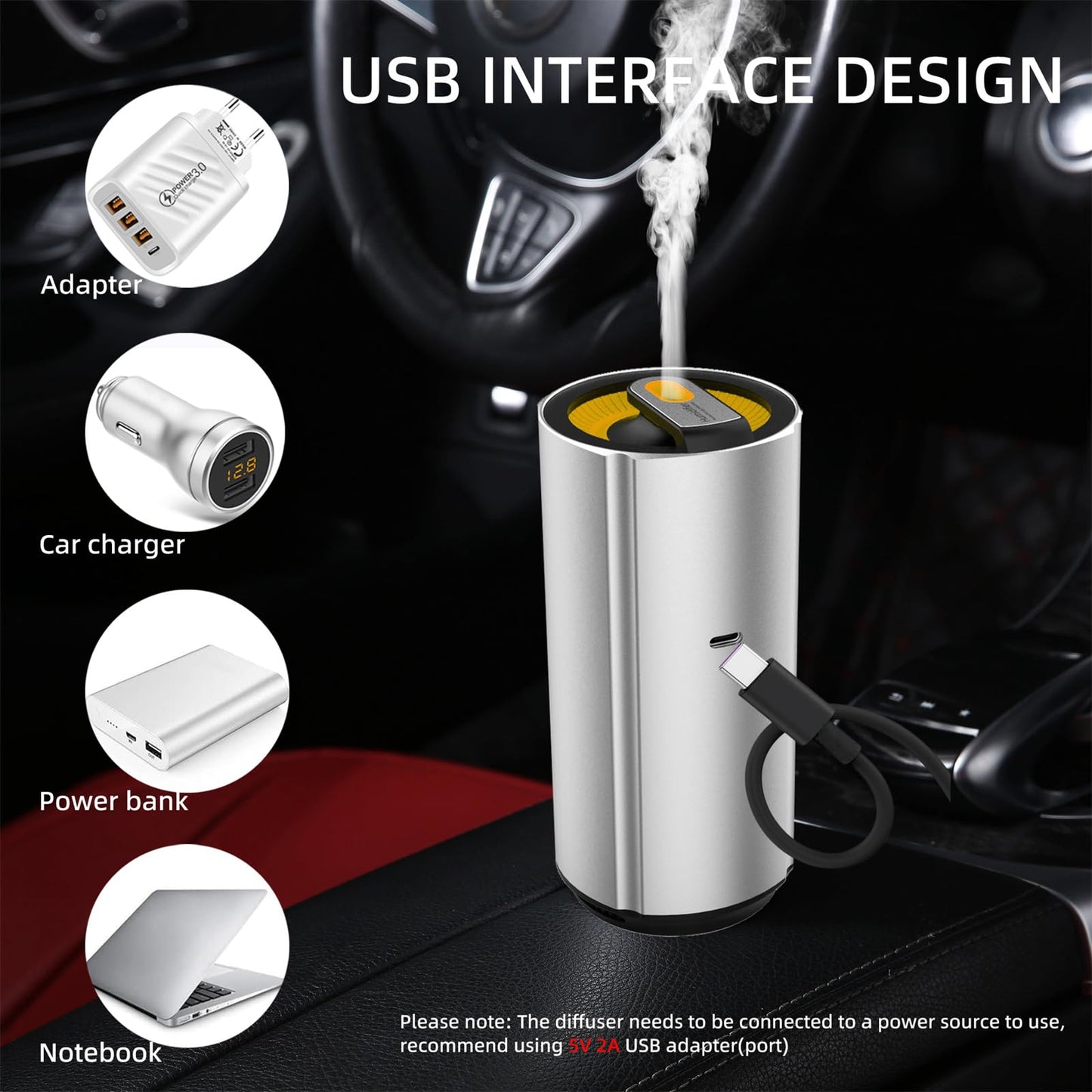 Aluminum Car Diffuser Essential Oil Car Aromatherapy Humidifier 100ml Personal Vehicle Scent Freshener Cool Mist Mini Portable Ultrasonic Diffuser with Colorful Lights for Small Space (Silver)