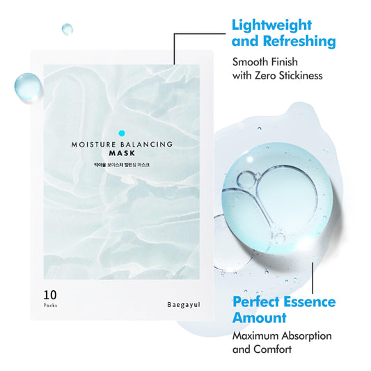 Baegayul Moisture Balancing Sheet Mask 10EA - Hydrating & Soothing Facial Mask with Hyaluronic Acid, Glow Skin Watergel Texture, Korean Skincare for All Skin Types, Lightweight Non-Sticky Face Mask