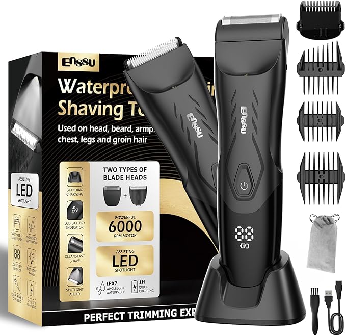 2-in 1 Body Hair Trimmers for Men, Pubic Groin Hair Trimmer for Men with Dual-Head Trimmer & Foil Blade, Electric Ball Trimmer Razors w/Light, Charging Dock, Waterproof Body Groomer Shaver Kit