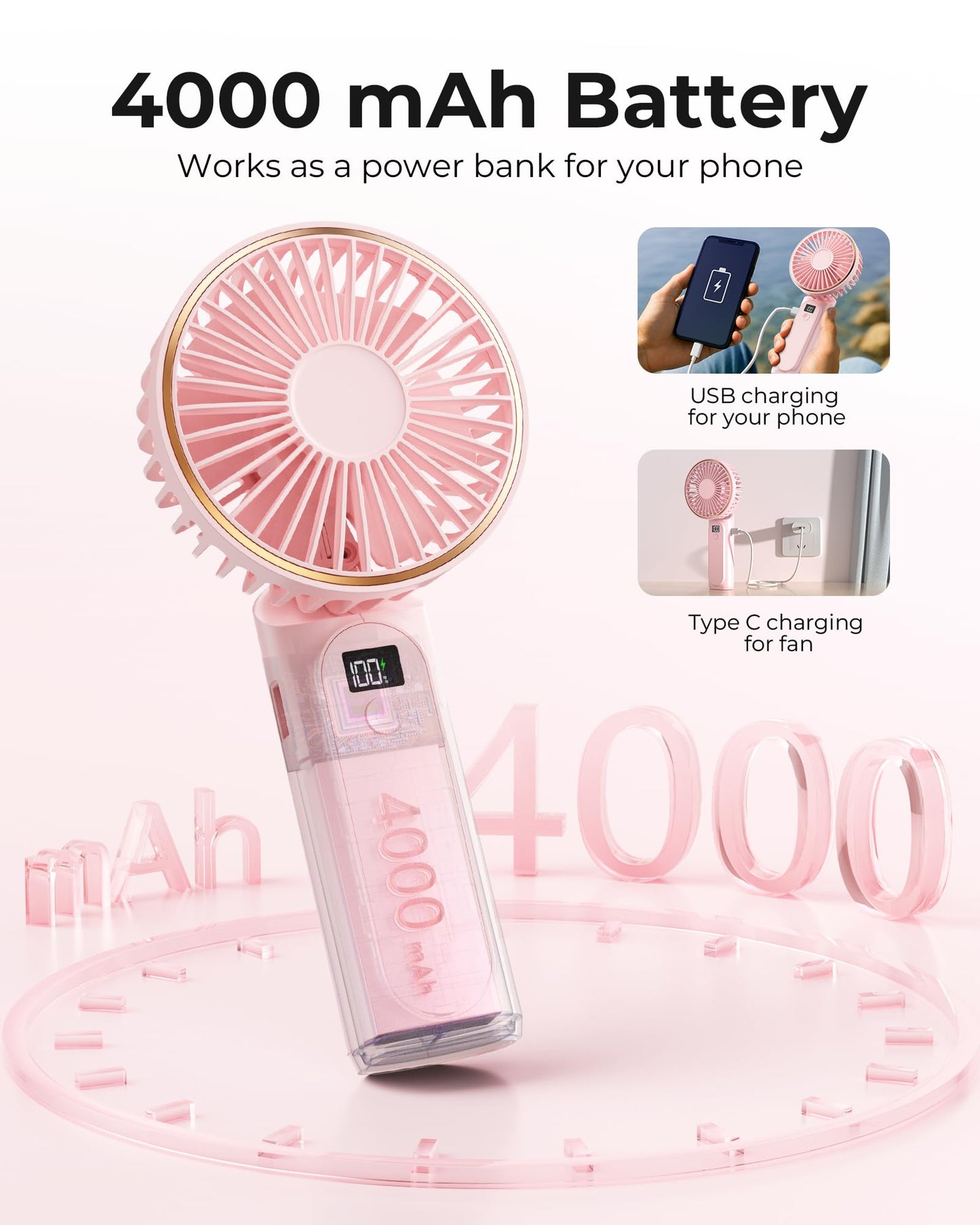 TUNISE Portable Handheld Fan, 4000mAh, 180 Adjustable, 6 Speed Wind, USB Rechargeable Foldable Fan with Real-Time Display