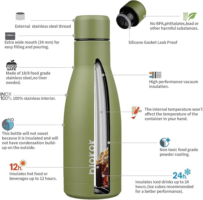 BJPKPK 12oz Water Bottles Stainless Steel Double Wall Vacuum Insulated Small Water Bottles for Travel,Olive Green