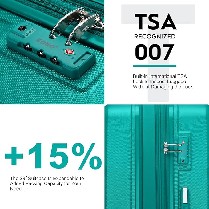 Kono 4 Piece Luggage Sets Expandable(only 28") Lightweight with Spinner Wheels TSA Lock Hardside Travel Rolling Suitcases 20in 24in 28in Carry on and 12in Mini Cosmetic Case Turquoise
