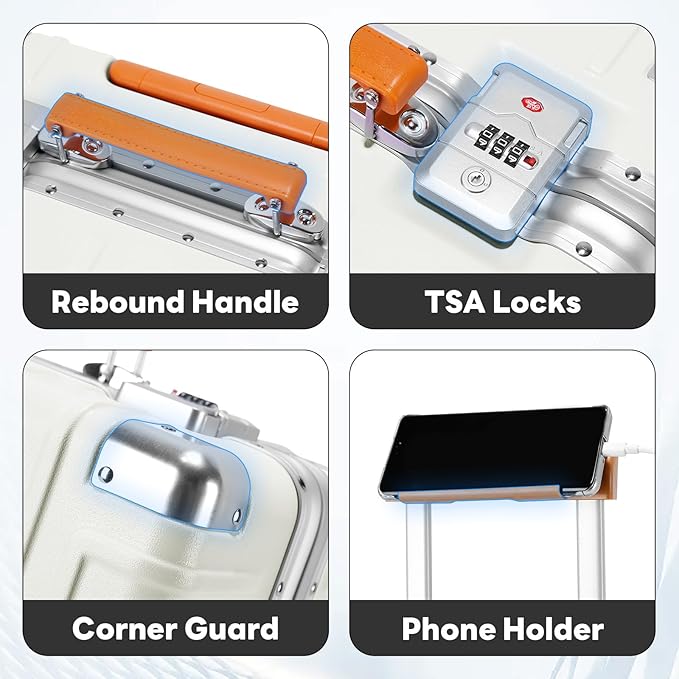 18 Inch Carry On Luggage Suitcase Locks TSA Approved Hardside Lightweight Suitcase with Cup Holder TSA Lock Carry On Luggage with USB Port Phone Holder Suitcases with 360° 8 Double Spinner Wheels