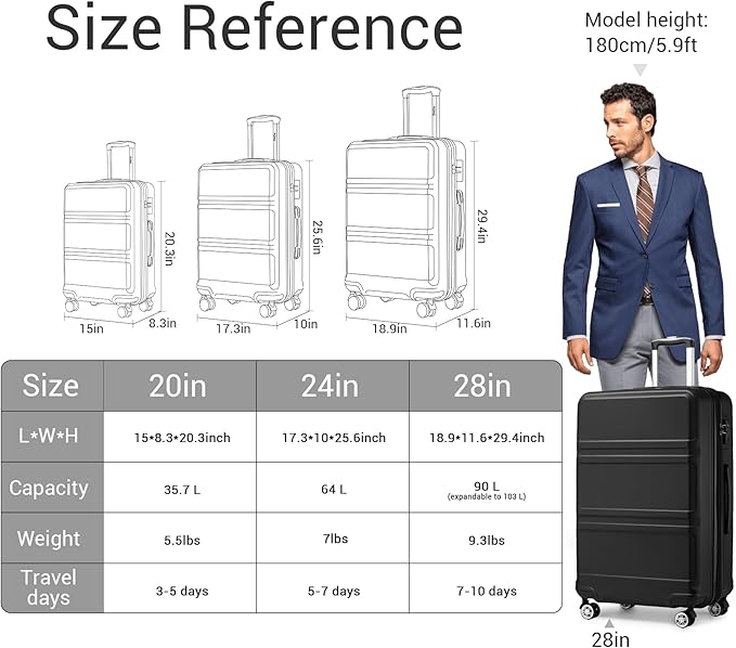 Kono 3 Piece Luggage Sets Expandable(only 28") Lightweight with Spinner Wheels TSA Lock Hardside Travel Rolling Suitcases 20in 24in 28in Carry on Black