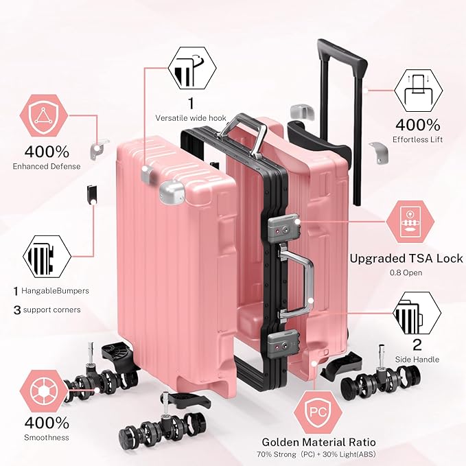 Krute Carry On Luggage 20 inch Aluminum Frame Suitcase with Spinner Wheels No Zipper Hardshell PC+ABS Luggages TSA Lock Zipperless Suitcases