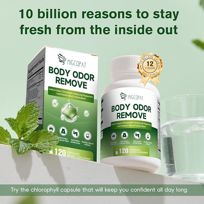 Chlorophyll Body Deodorizing Supplement with 10 Billion CFU Probiotic, Vitamin C & E, Parsley, Peppermint, Green Tea, Prebiotics, Chlorophyll Capsules Supports Breath & Whole-Body Freshness, 120 Caps