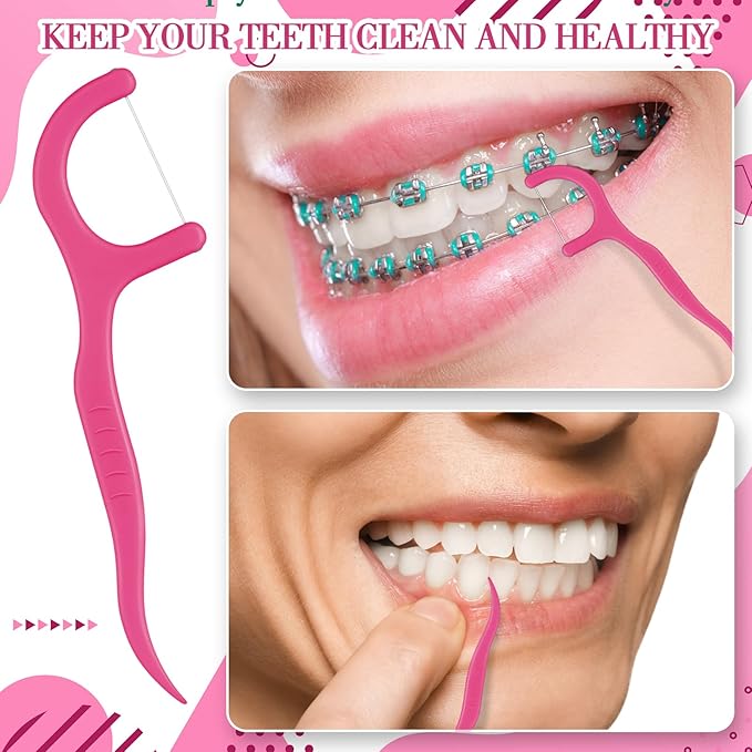 Baderke 200 Count Floss Picks Bulk Non Breakable Tooth Picks Flosser Dental Floss Sticks for Adults Teeth Cleaning Dental Flossers for Family Pack Travel(Hot Pink)