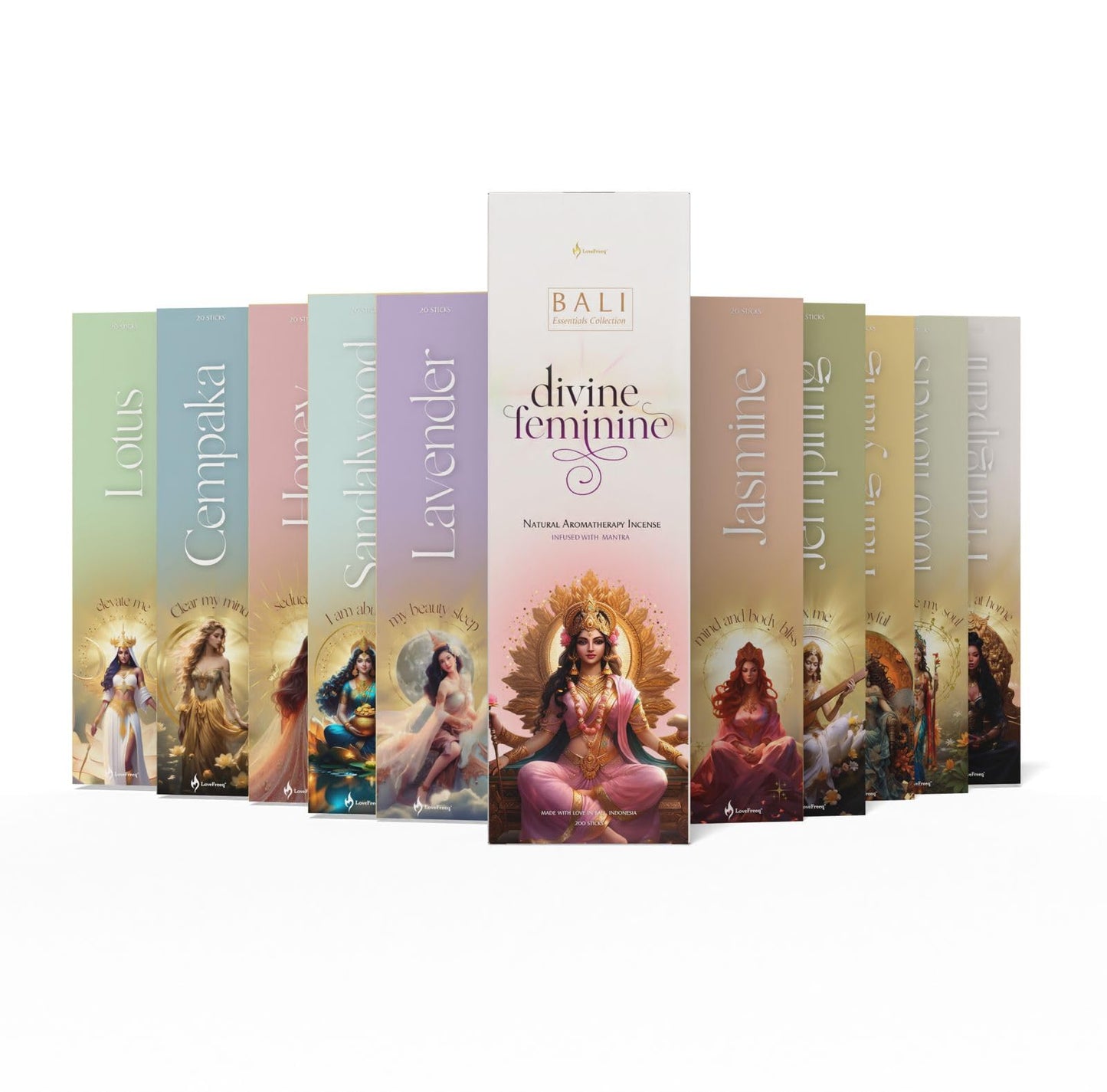 Divine Feminine Handmade Incense Sticks 10 Pack, Aromatherapy Sticks with Matching Music and Sound Bath, Home Fragrance Clean Burning Incense Collection for Meditation and Clarity, Made in Bali