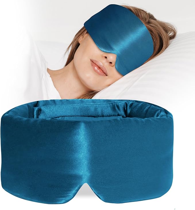 100% Mulberry Silk Sleep Mask, Large Eye Cover for Sleeping, Comfortable and Pressure-Free Sleeping Masks for Women Men, Completely Blackout (Peacock Blue)