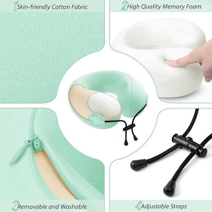 Travel Neck Pillows for Airplane Adults, Memory Foam Neck Support Travelling Pillow with Washable Cotton Pillowcases and Storage Bag, for Car, Train, Flight, Office and Home Use Adult Green