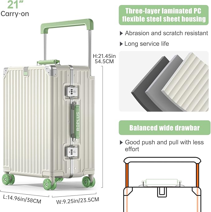Aluminium Frame Carry on Luggage with Smooth Jelly Wheels, Hardside Zipperless Rolling Suitcase with TSA Lock (White, 21-Inch)