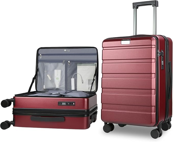 KROSER Carry On Luggage with Spinner Wheels & Built-in TSA Lock, Expandable Top Loading Hard Shell Suitcase Large Capacity Durable Rolling Luggage with USB Port, Carry-On 20-Inch, Burgundy