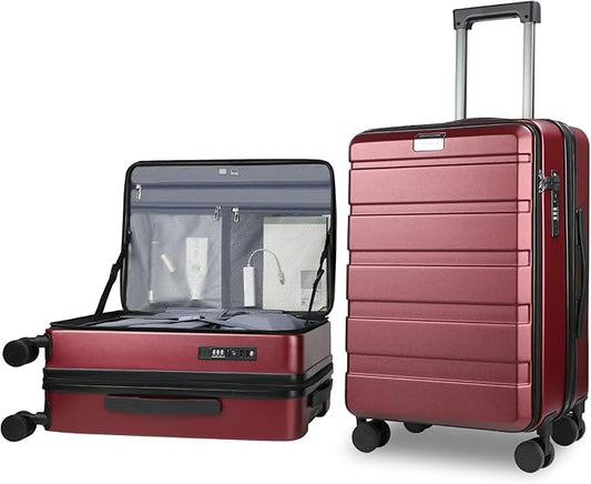 KROSER Carry On Luggage with Spinner Wheels & Built-in TSA Lock, Expandable Top Loading Hard Shell Suitcase Large Capacity Durable Rolling Luggage with USB Port, Carry-On 20-Inch, Burgundy