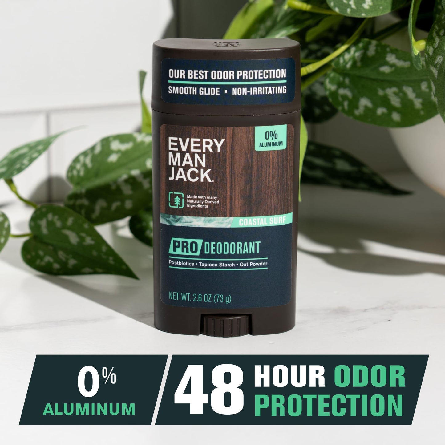 Every Man Jack Men's Pro Deodorant - 48-Hour Odor Defense Blend - Aluminum Free - Contains Postbiotics, Tapioca Stach & Oat Powder - Coastal Surf Scent - 2.6 oz (1 Pack)