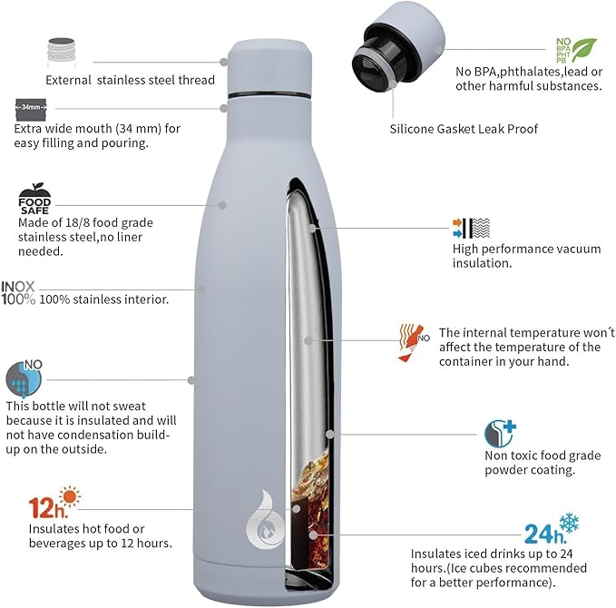 BJPKPK 25oz Insulated Stainless Steel Water Bottles Reusable Metal Travel Sports Water Bottle Keep Cold and Hot,Mist Grey