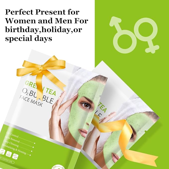 10 Pack Green Tea O2 Bubble Face Masks Sheet, Bubble Facial Mask, Foaming Face Mask, Purifying Facial Mask for Acne and Pores, Moisturizing Spa Face Masks Skincare, Brightening Beauty Masks