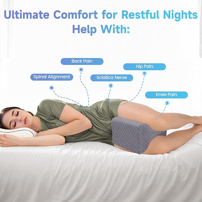 CloudBliss Knee Pillow for Side Sleepers - Cooling Leg Pillow for Side Sleeping, Memory Foam Knee Pillow for Hip Pain, Lower Back Pain, Sciatica Pain, Knee Wedge Pillow with Contour Design,Grey