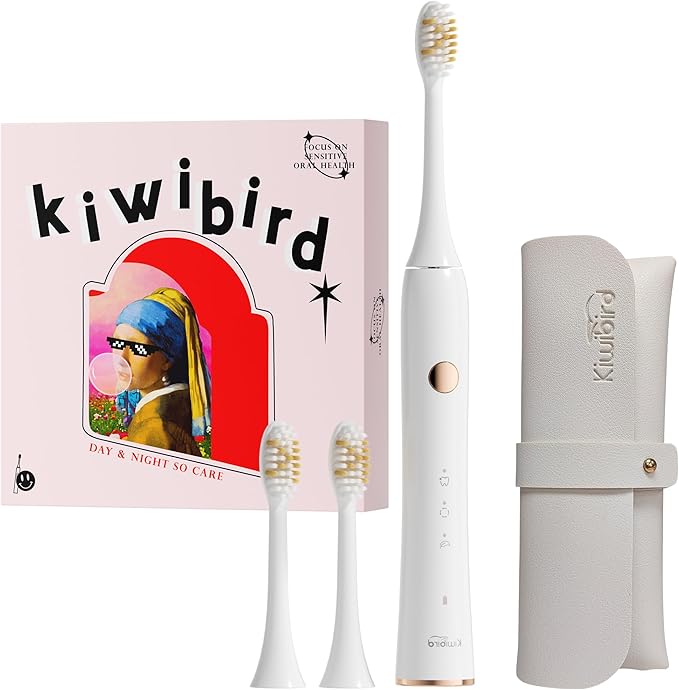 KIWIBIRD Sonic Electric Toothbrush – K1 MINI Slim & Lightweight (85g), 90-Day Battery, with Travel Case & Leather Pouch, IPX7 Waterproof, for Adults & Teens, Ideal for Travel & Sensitive Teeth (White)