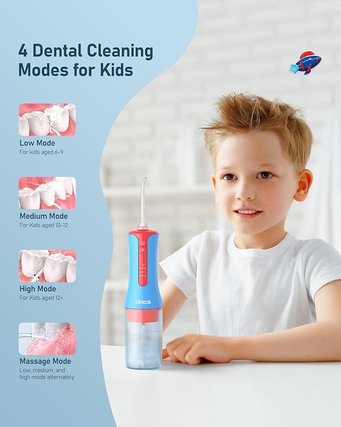 Kids Water Flosser Blue, Rechargeable Oral Irrigator for Kids Aged 6+, 4 Modes, 3 Jet Tips, Fun Stickers, Safe and Gentle Oral Care