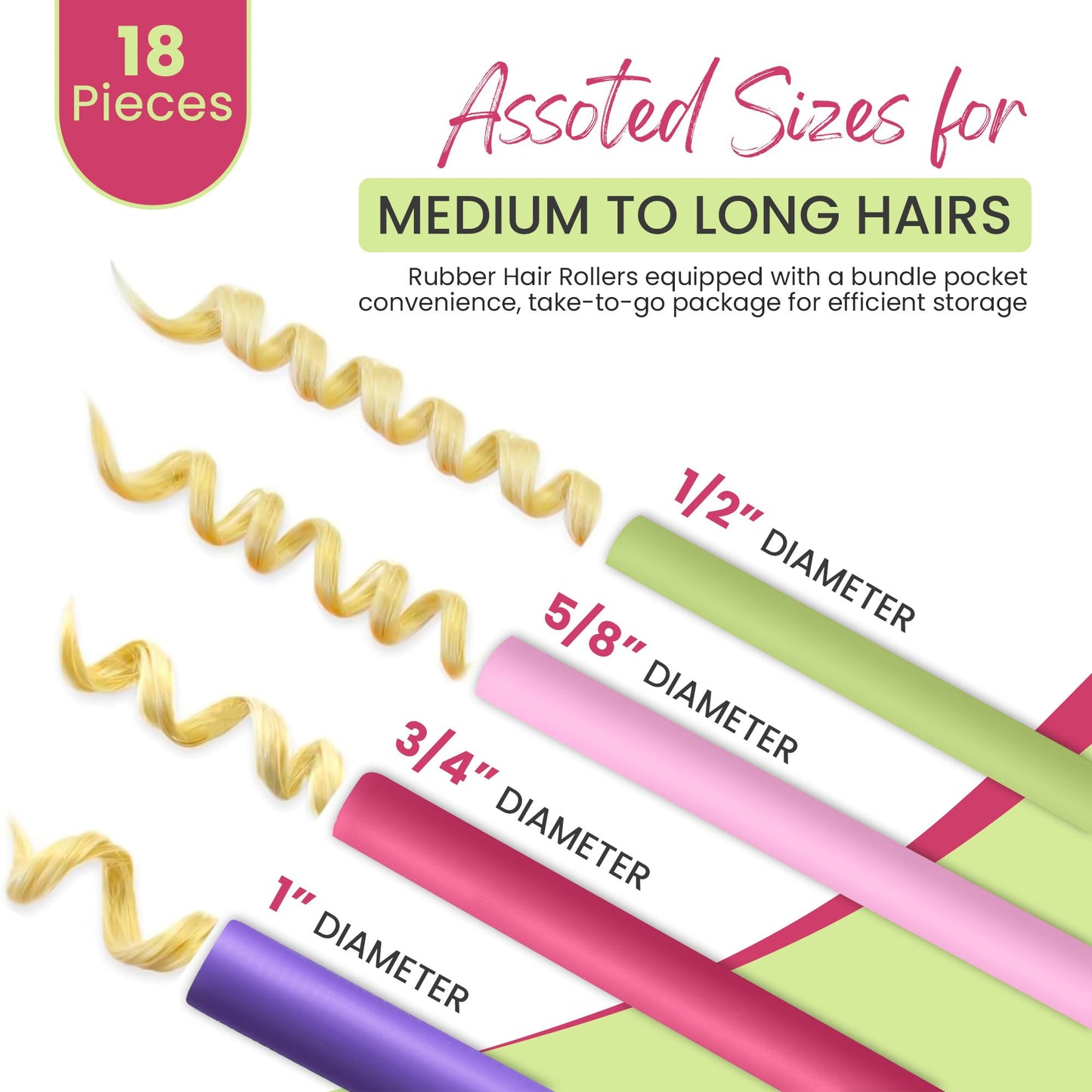 Body Glove Flexi Rods Foam Hair Rollers Medium to Large Size Professional Salon Quality 18 Pcs Rubber Hair Rollers For Medium to Long Hair (Multi-color)