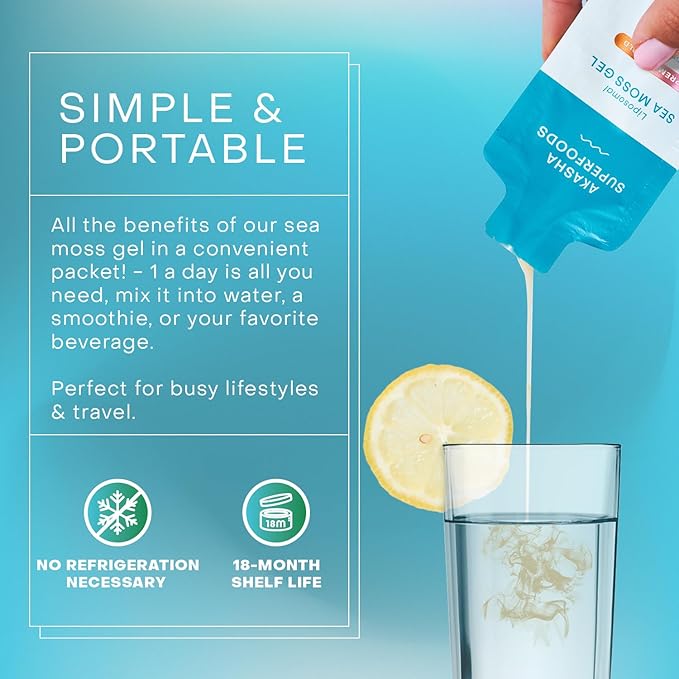 Akasha Superfoods Irish Sea Moss Gel, Liposomal Seamoss with Irish Sea Moss, Vitamin E, Citrus, Organic Vanilla, Glycerin, Skin, Energy & Gut Health Support for Women & Men, Sweet Citrus Flavor, 30 Ct