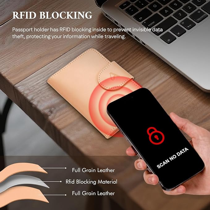 ALLIVE Genuine Leather Passport Holder, Rfid Passport Holder for Travel with AirTag Hidden, Passport Cover Wallet Travel Must Haves Airport Essentials, Passport Cover Travel Gifts (Beige)