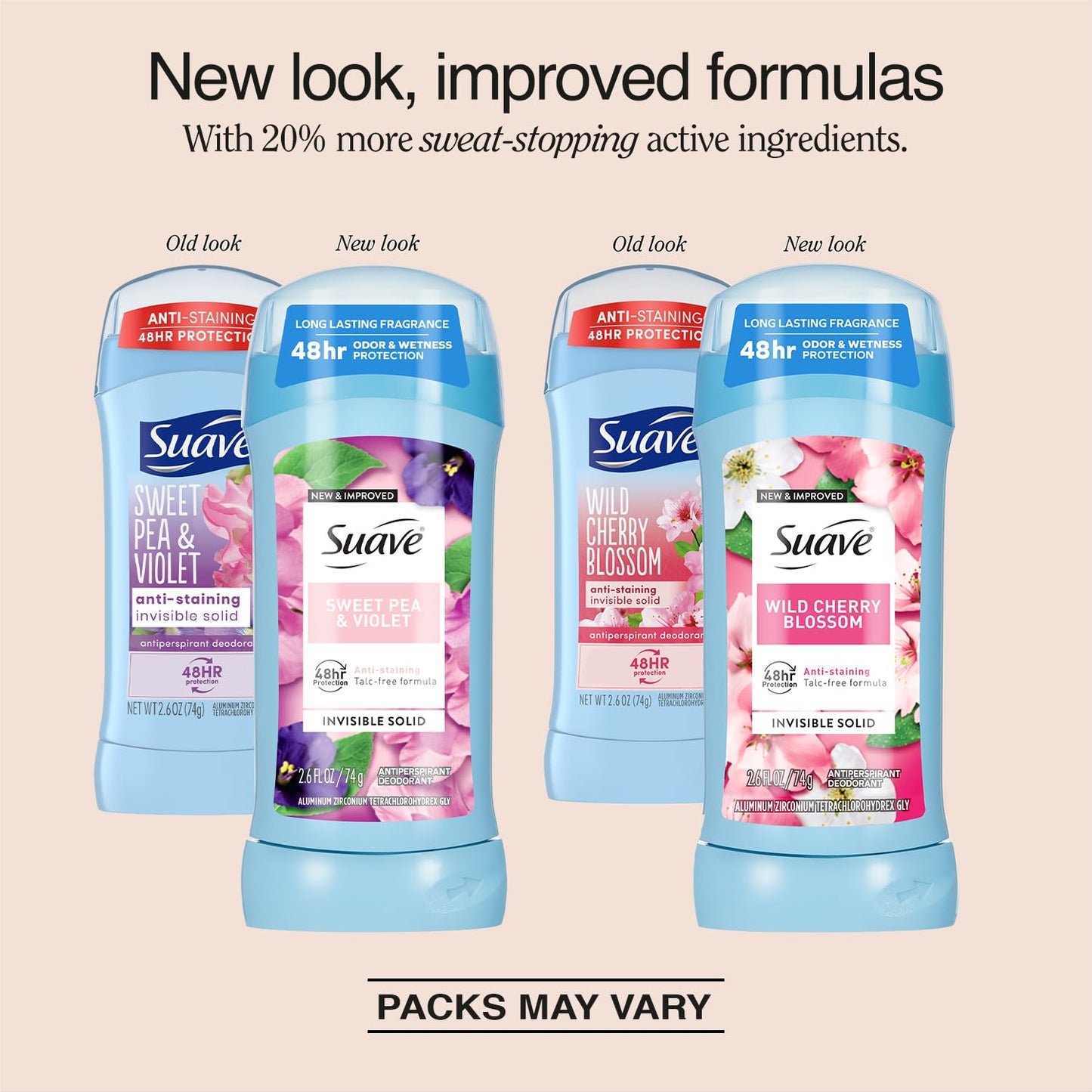 Suave Antiperspirant Deodorant for Women, Wild Cherry Blossom + Sweet Pea & Violet Variety 4-Pack – Anti-Staining Invisible Solid Sticks, Talc-Free, 2.6 Oz Ea