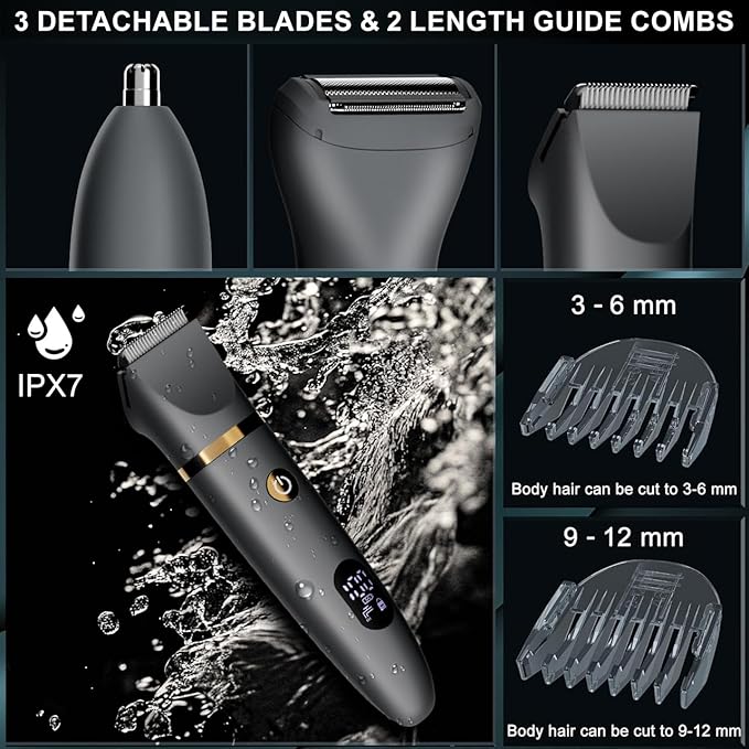 Ball Shaver for Men, 3-in-1 Multifunction Body Hair Trimmer & Pubic Shaver with Titanium Blades (No Nicks!), IPX7 Waterproof Electric Razor, LED Display, Wet/Dry