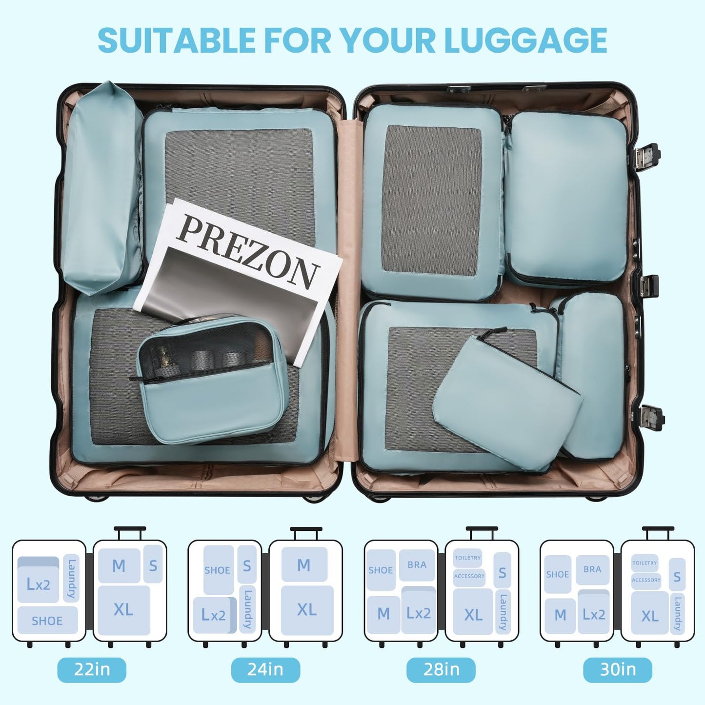 Packing Cubes for Travel | 10 Set Teal |Durable Luggage Organizer 4 Size(Extra Large, Large, Medium, Small),Comprehensive Cubes for Toiletry,Underwear, Shoe,Travel Essentials,Efficient Women Gifts