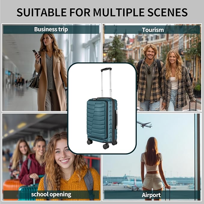 22×14×9 Airline Approved Carry On Expandable Luggage with Front Open Pocket, Spinner Wheels, ABS+PC Hardshell Small 20inch Suitcase with Protective Cover and Luggage Tag, Teal Blue