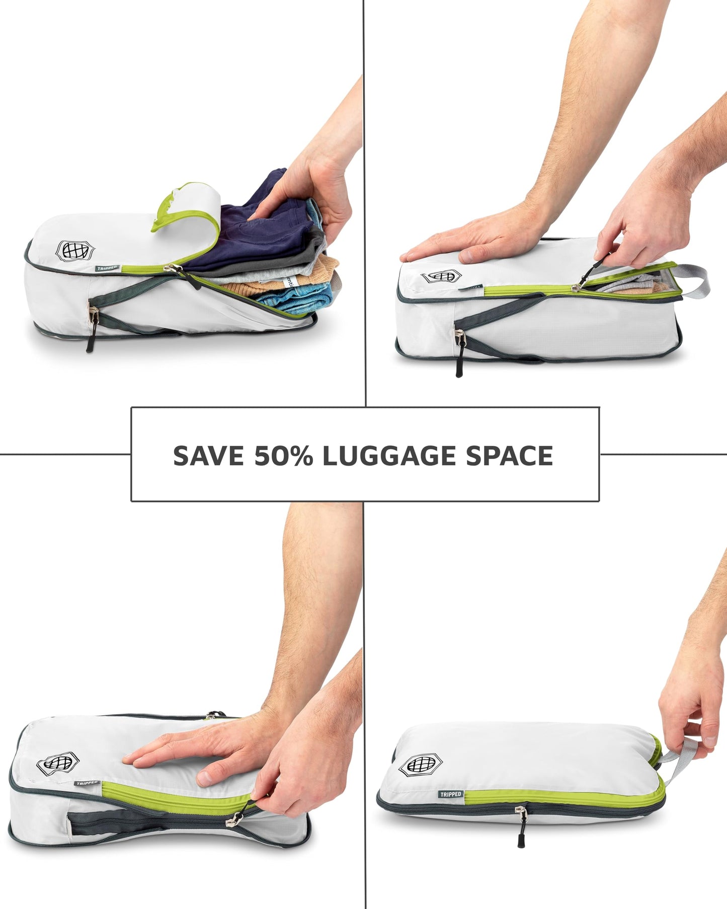 Compression Packing Cubes 6 Piece Set for Travel - Lightweight, Durable Clothes Organizer for Carry-On Luggage and Backpacks by TRIPPED Travel Gear (White and Green)