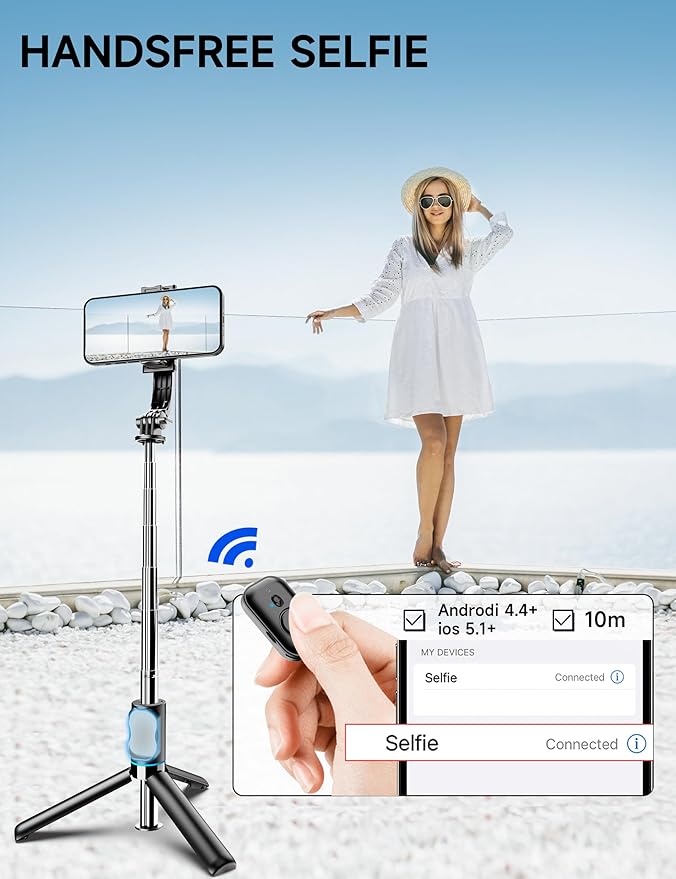 42" Selfie Stick Tripod with Fill Light Extendable Phone Stand All-in-1 Selfie Stick Travel Tripod with Detachable Remote & Phone Holder Cell Phone Tripod Compatible with iPhone/Android