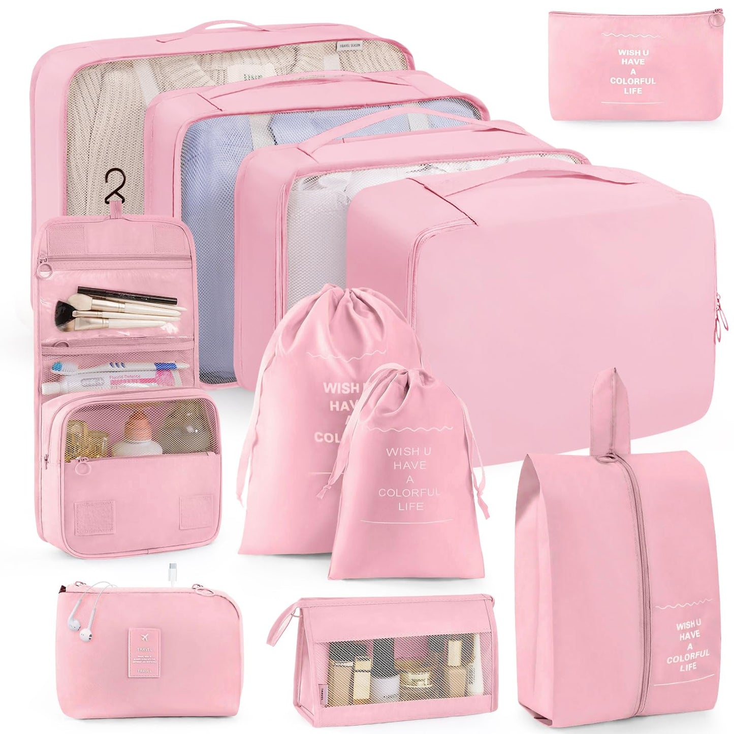 TRMFUSA Packing Cubes 11 PCS, Mesh Breathable Luggage Organizers Bags, Packing Organizers, Durable Travel Essentials Bags Set, Travel Packing Organizers, Pink