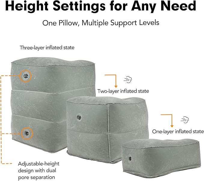 Inflatable Foot Rest Pillow for Travel, Adjustable 3 Layers Height Cushion Kids/Adults Airplane Travel Pillow, Suitable for Trains, Cars, Office, Home Comfort - Grey