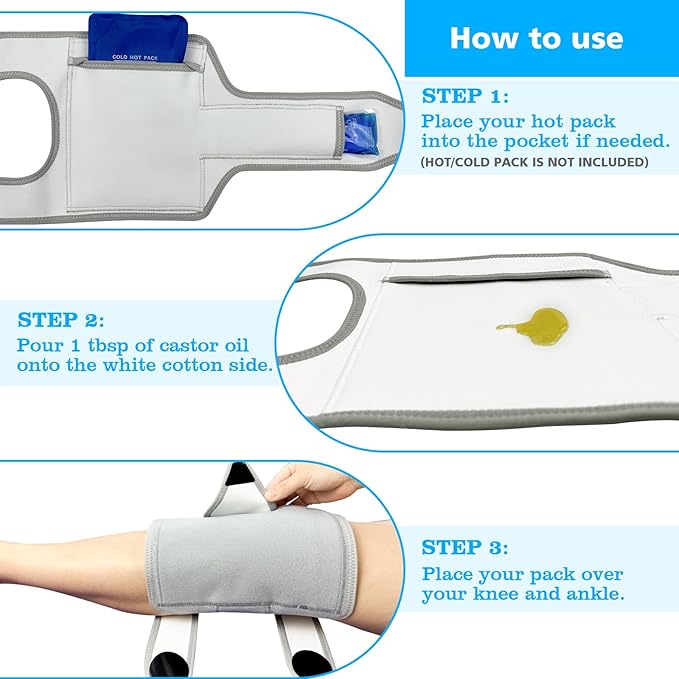 2 Pc Castor Oil Compress Wrap Kit Organic Cotton Pack Wrap for Knee and Ankle Pain Relief Ergonomics Design Snug Fit Knees and Ankles Comfort Flannel Castor Oil Pack Wrap Set Reusable (Gray)