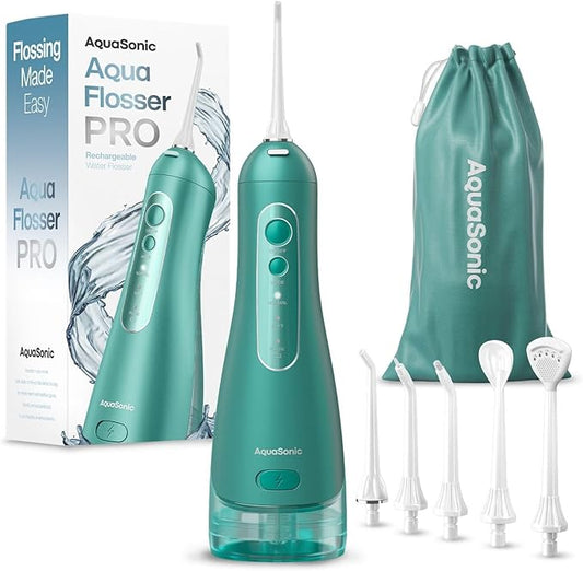 AquaSonic Aqua Flosser PRO - Rechargeable Cordless Water Flosser for Teeth, Gums & Tongue - Modern Design, 300ml Large Tank, 6 Jet Tips with Deluxe Tongue Nozzle, 3 Modes, Waterproof Mint Green