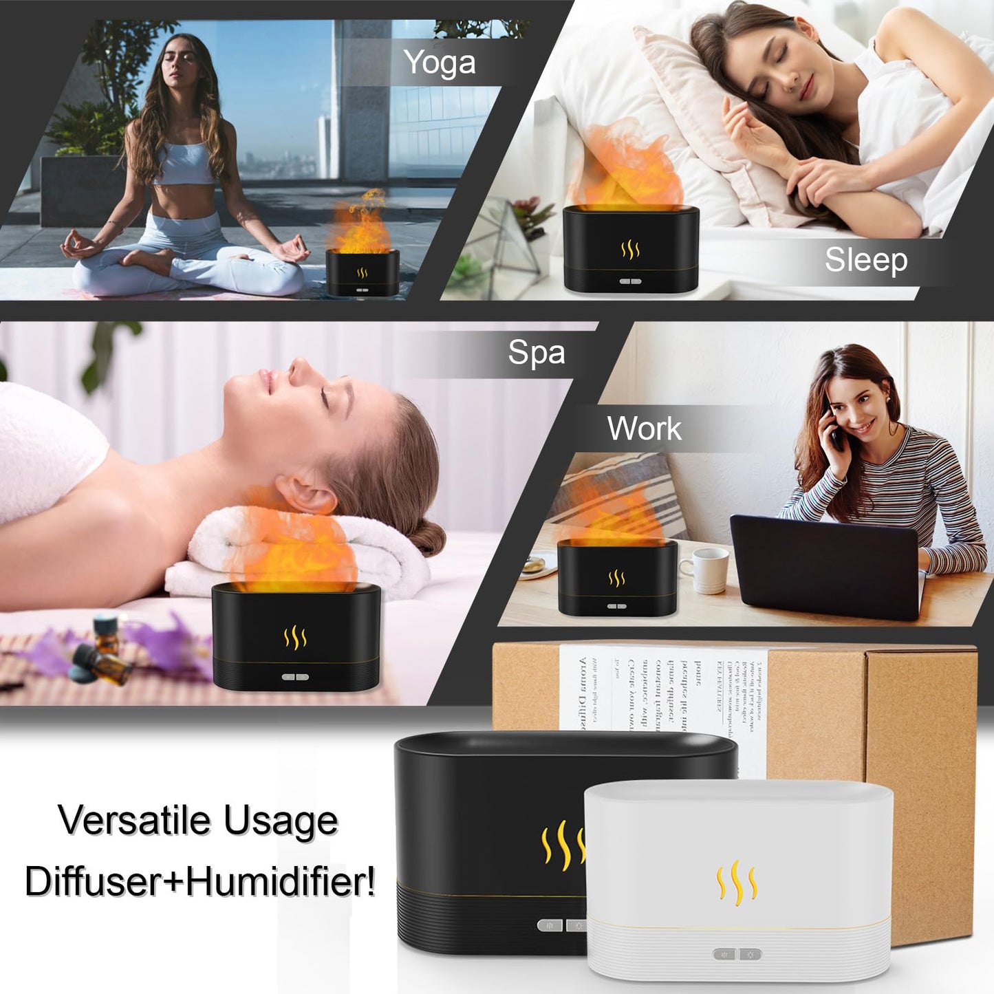 PIZAY Essential Oil Diffuser, Flame Air Humidifier with Fire Led Light - 2 Rightness, 180mL Capacity (8 Hours), Auto-Off Protection Air Diffuser for Home Bedroom Office Gifts(White)