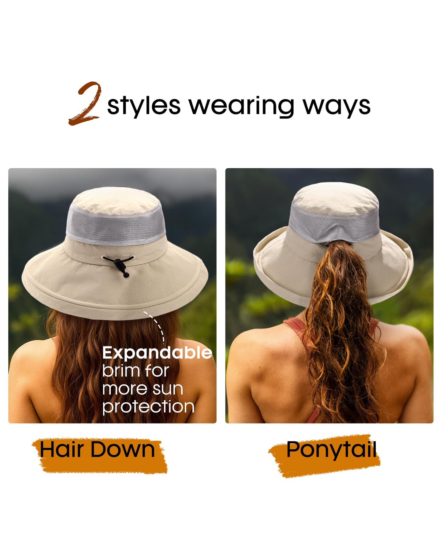 FURTALK Wide Brim Sun Hat with Ponytail Hole for Women UPF 80+ UV Protection Packable Bucket Hiking Travel Outdoor Hat Khaki