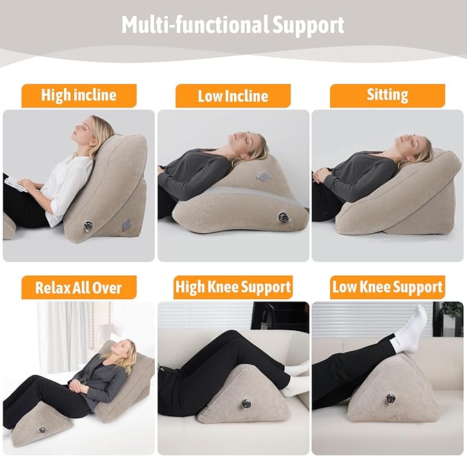 Inflatable Bed Wedge Pillow Set, 2 PCS Adjustable Sitting Pillows with Removable Mesh Cover, Post Surgery Support for Back and Leg Pain Relief, GERD