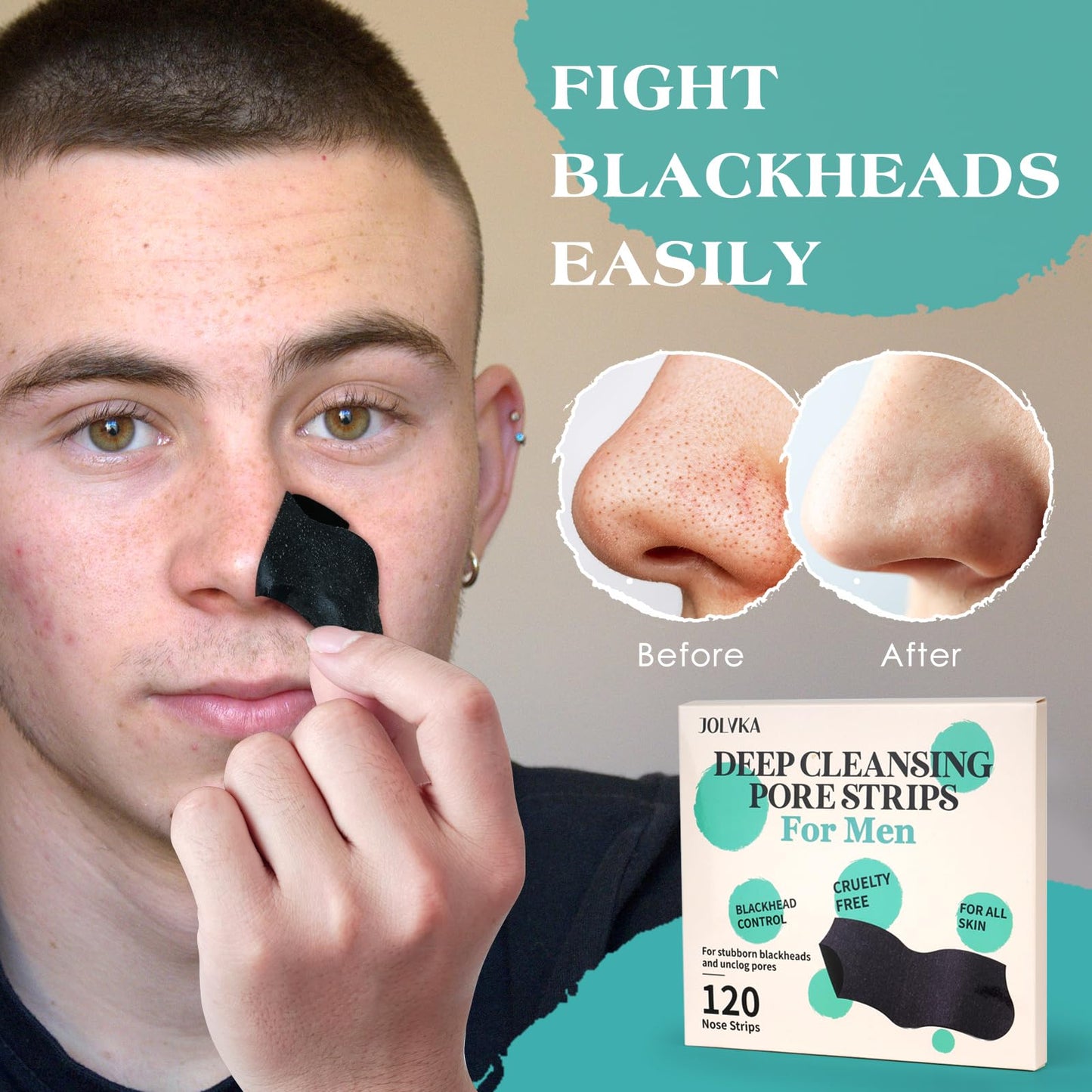 JOLVKA Blackhead Remover Pore Strips For Men, (120 Strips) Deep Cleansing Nose Strips - Charcoal Pore Strips - Unclogs Pores