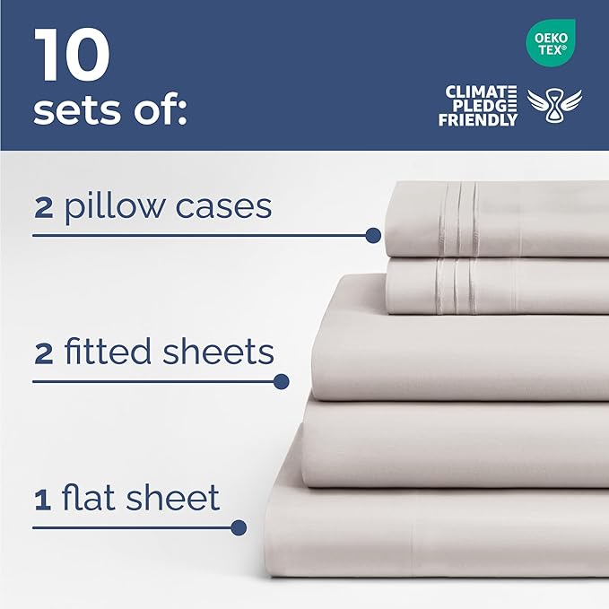 Bulk Case Pack of 10 Sheet Sets - (10) Complete Sheet Sets - Bulk Split King Bedding - Wholesale Case Pack for Hotel & Airbnbs - Deep Pocket & Fade Free - Cooling & Breathable - Split King, Light Grey