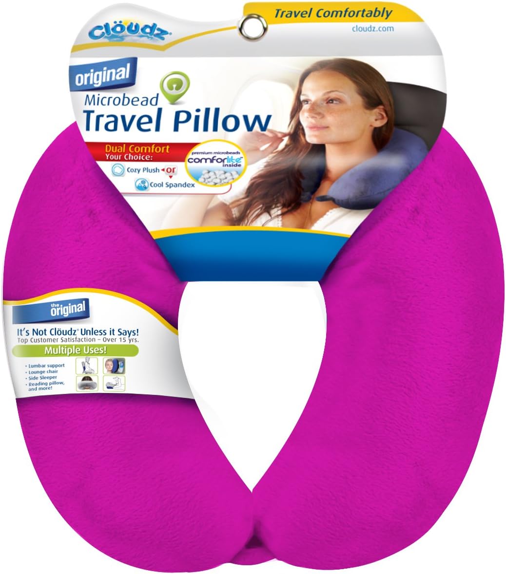 Cloudz Dual Comfort Microbead Airplane Travel Neck Pillow. Soft Cozy Plush Fabric on One Side, Cool Relaxing Spandex on The Other! Customize Your Comfort and Support at Home or On The Go! Bright Pink