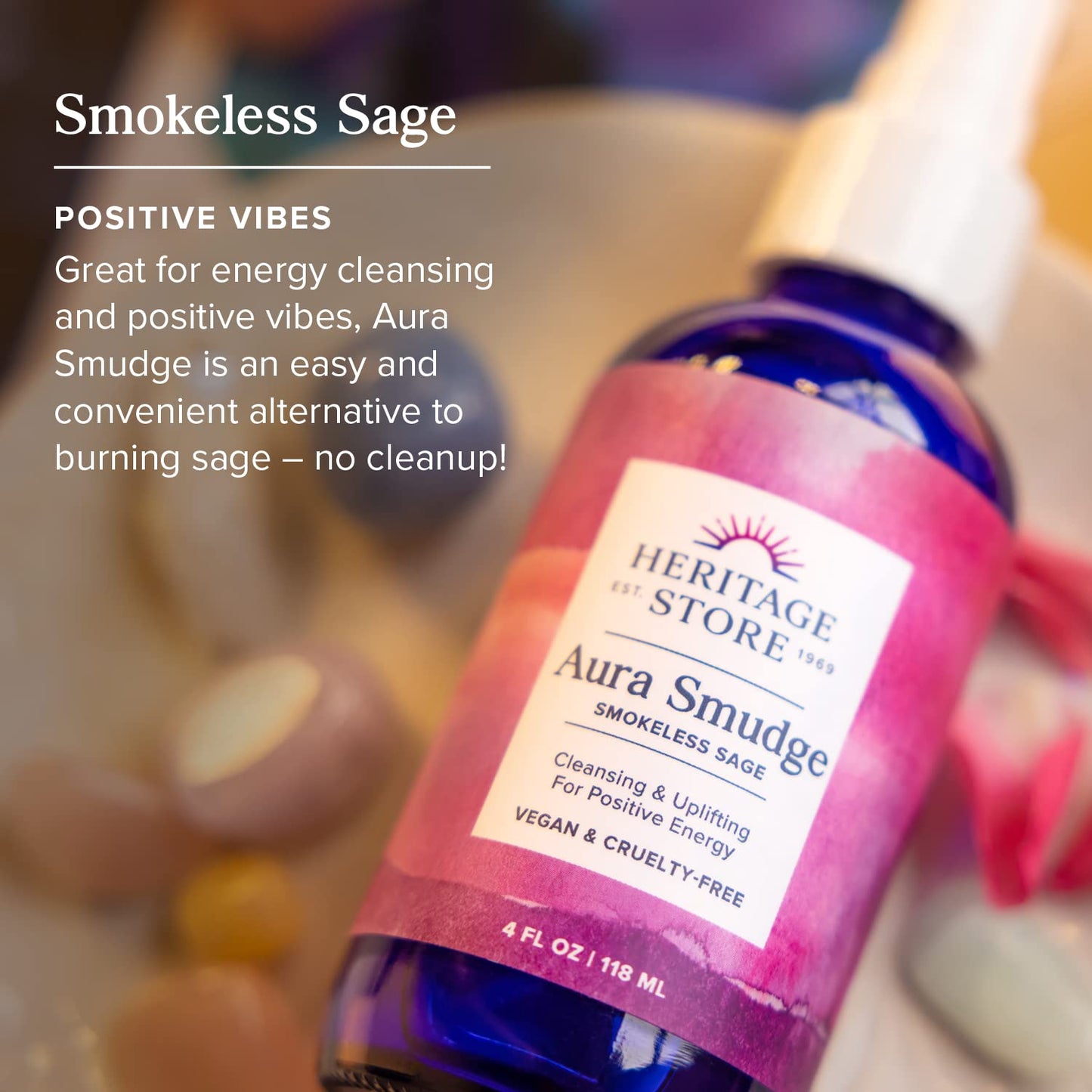Heritage Store Aura Smudge Smokeless Sage with Juniper, Cleansing & Uplifting Spray for Positive Energy, Clean, Simple Alternative to Smudge Sticks & Burning Sage, Paraben Free, Vegan, 4oz
