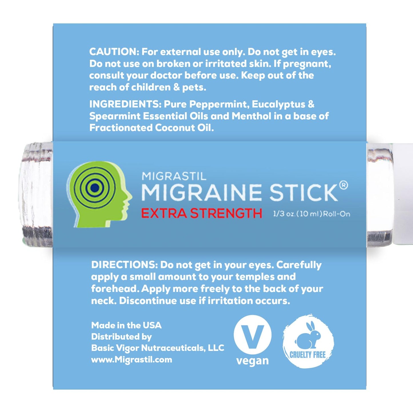 Basic Vigor Migrastil Extra Strength Migraine Stick Advanced Formula, Strong Aromatherapy Roll On Includes Menthol, Essential Oils, No Lavender, Made in The USA.