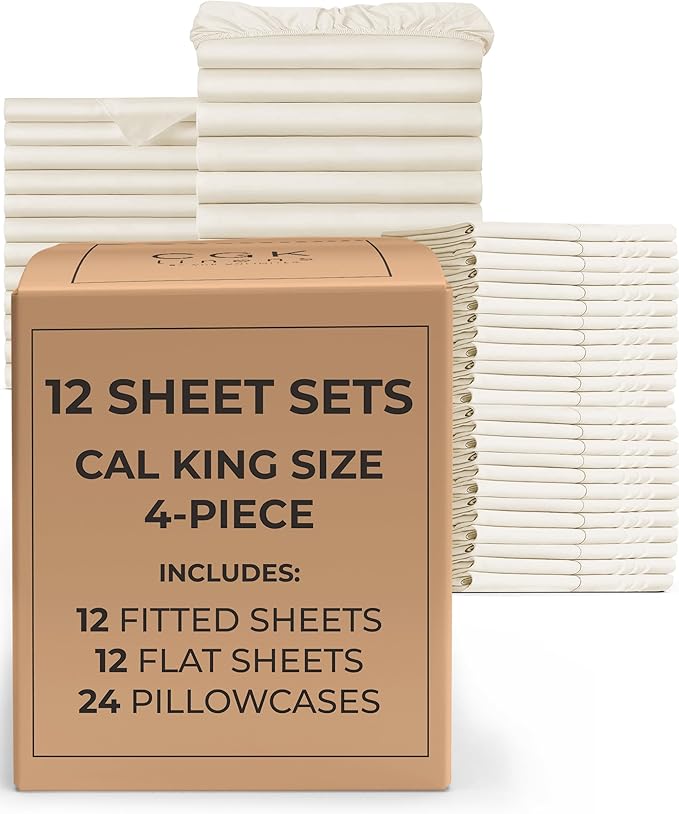 Bulk Case Pack of 12 Sheet Sets - (12) Complete Cal King Size Sheet Sets w/Deep Pockets - Wholesale Bulk Bedding for Hotels, Spas & Airbnbs - Breathable, Soft & Wrinkle Free - (Cal King, Off White)