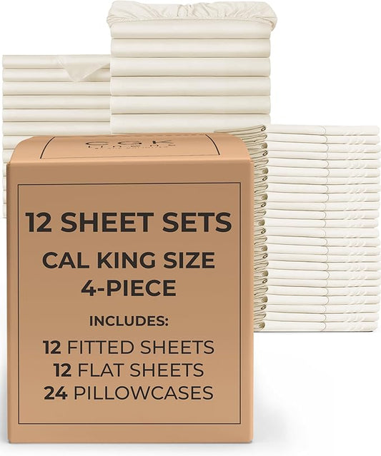 Bulk Case Pack of 12 Sheet Sets - (12) Complete Cal King Size Sheet Sets w/Deep Pockets - Wholesale Bulk Bedding for Hotels, Spas & Airbnbs - Breathable, Soft & Wrinkle Free - (Cal King, Off White)